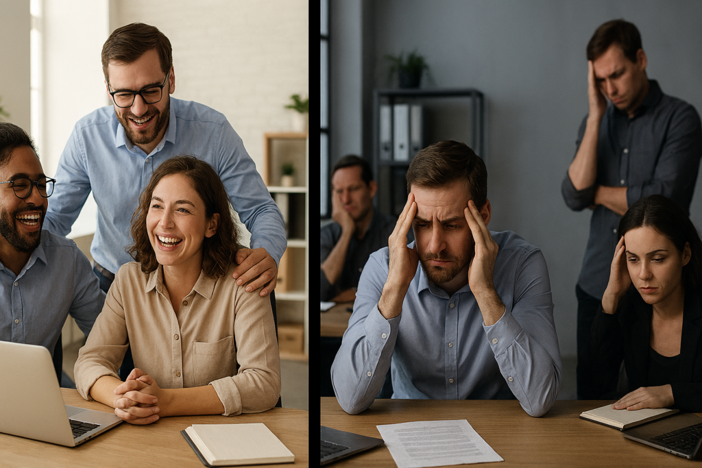 Two Opposite Culture Images – Happy Team vs. Toxic Work Environment